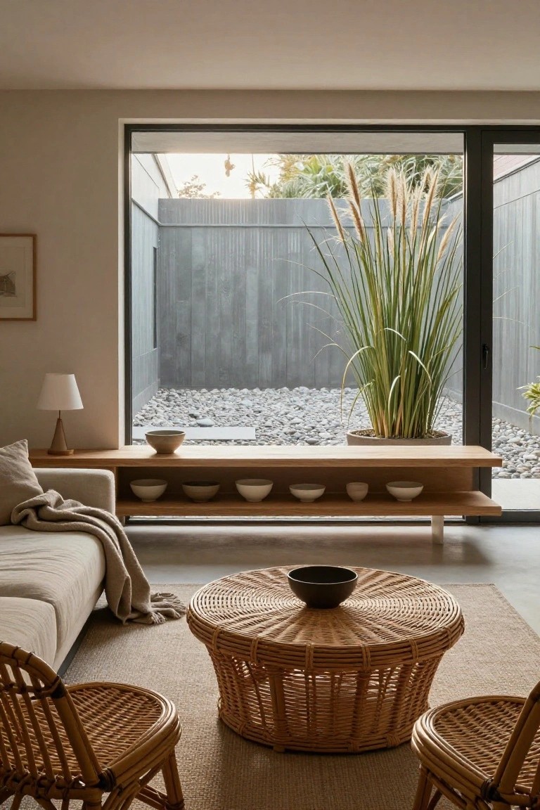 Minimalist living room with beige sofa on left, two rattan chairs and woven coffee table on rug in foreground, long wooden bench with open shelves under large sliding glass window overlooking gravel courtyard planted with tall pampas grass.