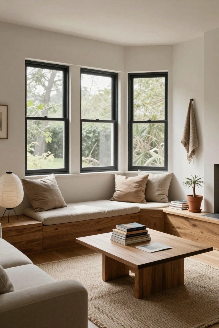 A light-filled living room corner with a built-in wooden bench seat under three black-framed windows, beige cushions on the bench, wooden coffee table with stacked books, neutral sofa, and potted plant nearby.