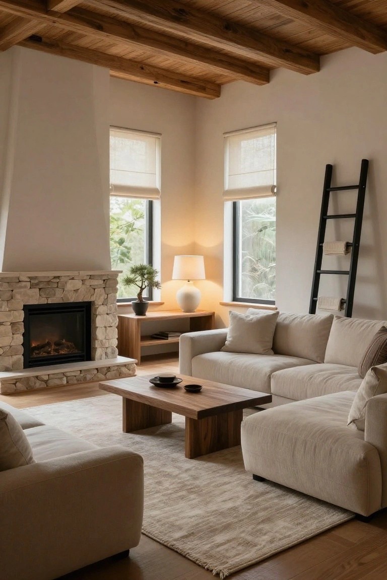 A light-colored living room with exposed dark wooden ceiling beams, a stone gas fireplace, beige modular sofas around a low wooden coffee table, a bonsai plant on a wooden console, black ladder shelf with towels, and large windows with sheer blinds.