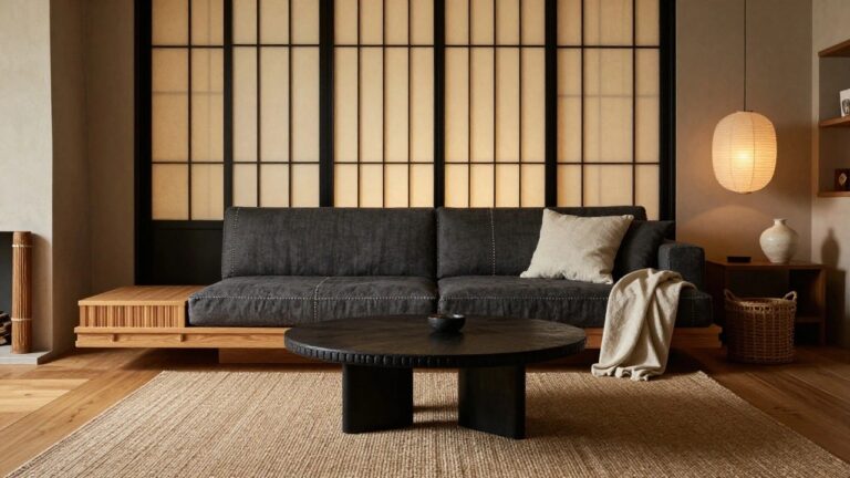 Modern living room featuring dark gray linen sofas, a black live-edge oval coffee table, beige seagrass rug, floating wood shelves with ceramics, a fireplace, and large black-framed windows.