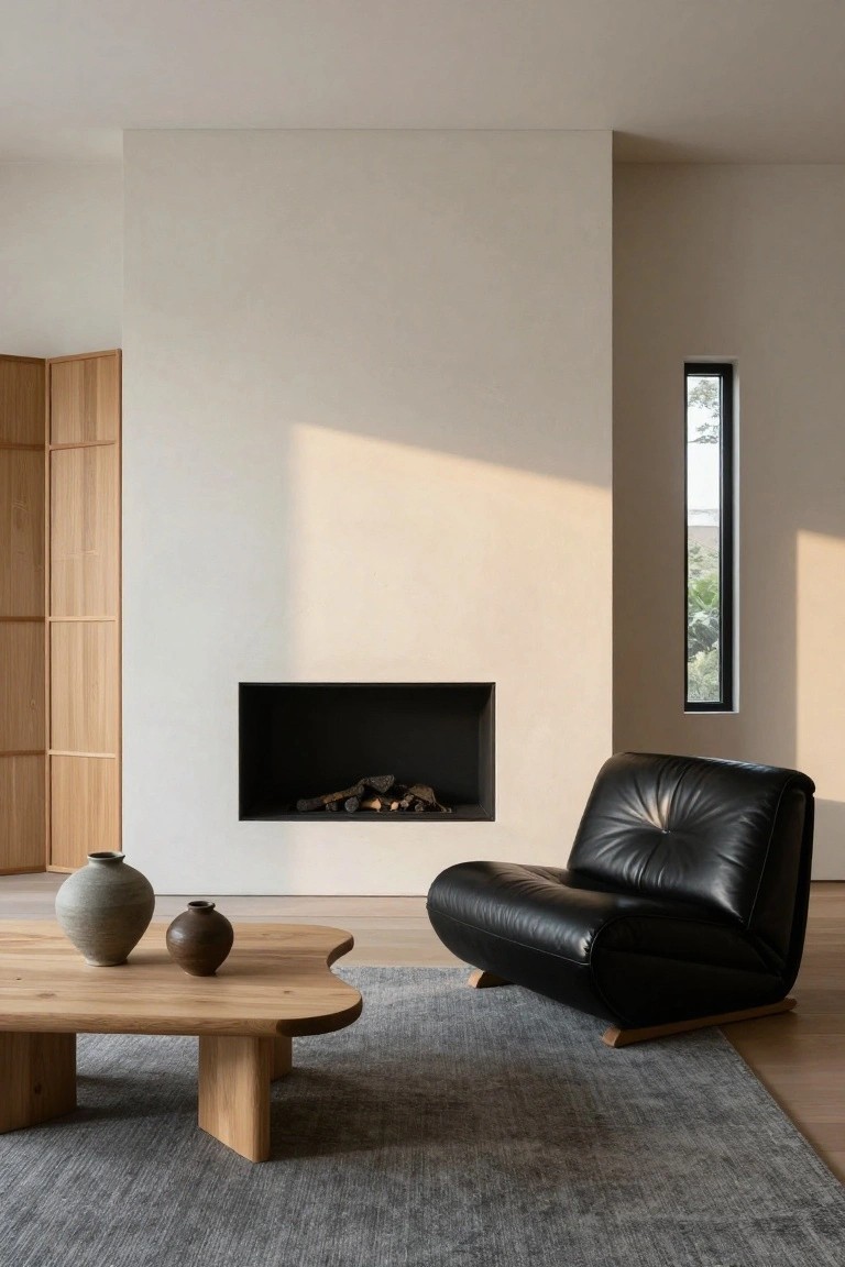 Minimalist living room with recessed black fireplace, curved black leather armchair, organic-shaped oak coffee table holding two ceramic vases, sliding wooden doors, and slim black-framed window.