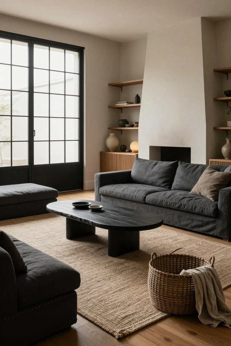 Modern living room featuring dark gray linen sofas, a black live-edge oval coffee table, beige seagrass rug, floating wood shelves with ceramics, a fireplace, and large black-framed windows.