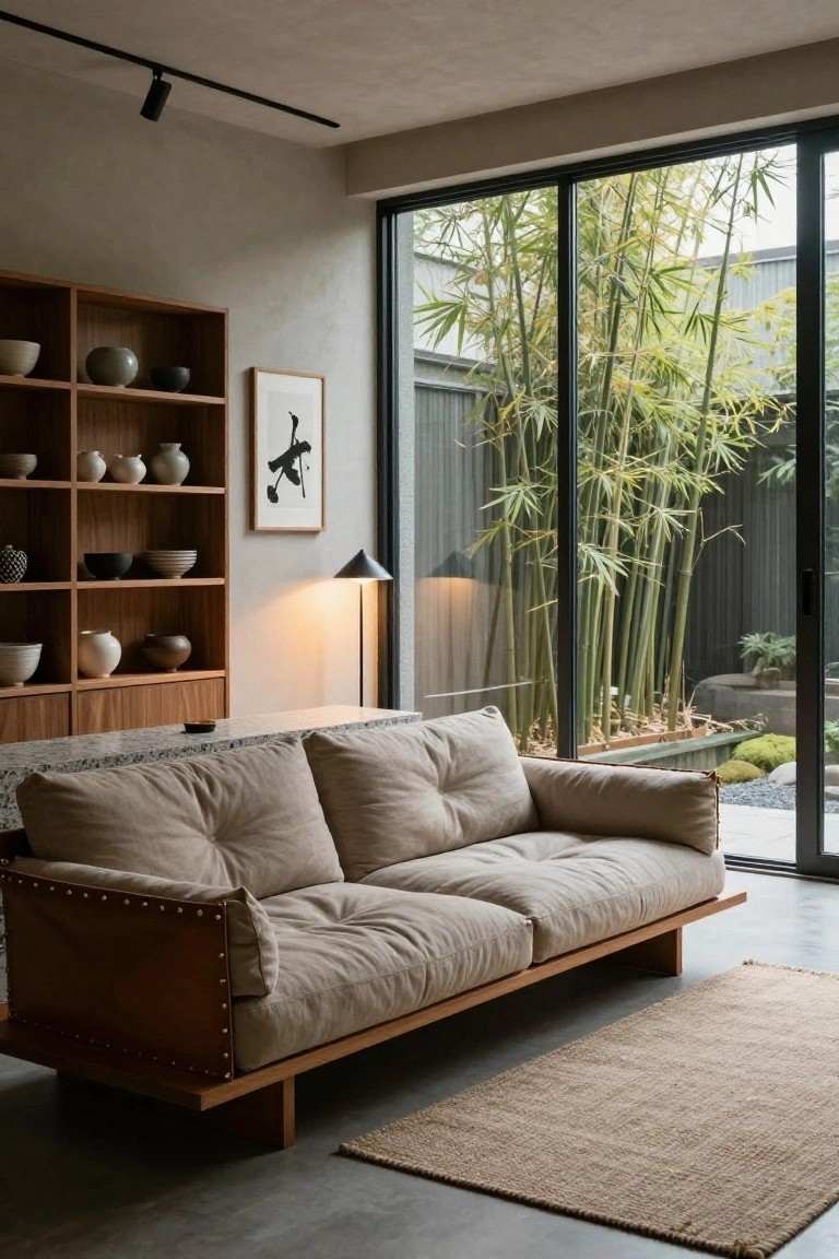 A beige low-slung sofa with wooden frame and leather accents sits in a minimalist living room with wooden shelves displaying pottery, a floor lamp, and large glass doors to a bamboo garden.