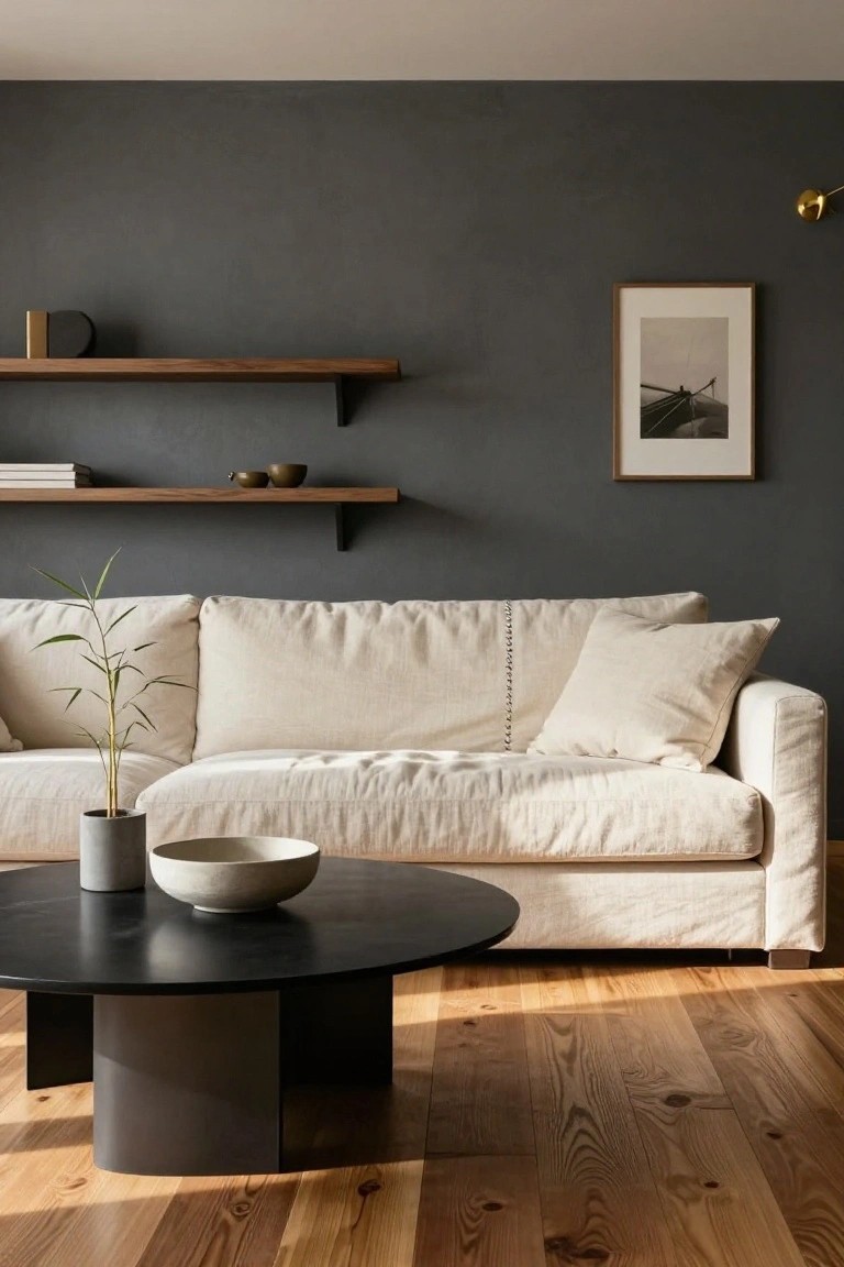 Modern living room with charcoal gray walls, floating wood shelves holding books and ceramics, large cream linen sectional sofa, gray planter with bamboo, white bowl on matte black round coffee table, and light oak wood floors.