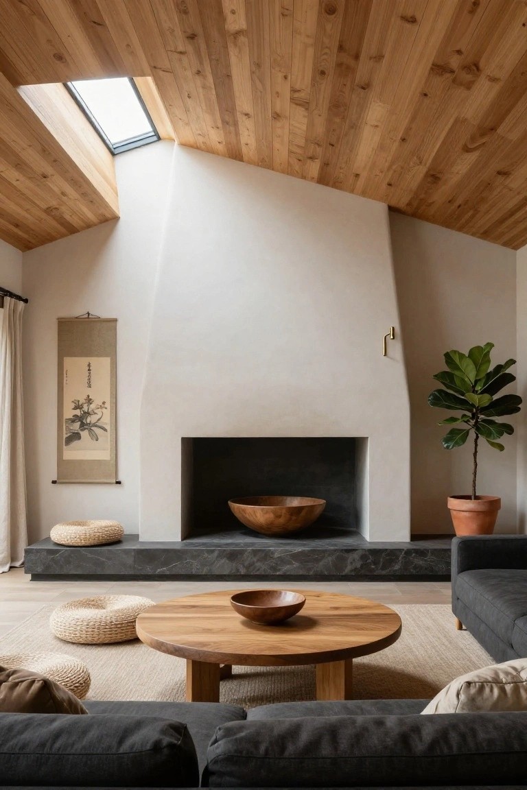 A Japandi living room with vaulted light wood ceiling and skylight, curved plaster fireplace holding a large wooden bowl on black stone base, low wood coffee table with bowl, woven floor poufs, gray L-shaped sofa, hanging Japanese scroll, and potted ficus plant.