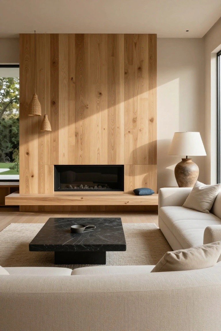 Modern living room with full-height vertical light wood slat wall incorporating a linear black fireplace on a wood bench, white L-shaped sofa, black rectangular marble coffee table, rattan pendant lights, terracotta lamp, and windows to green outdoors.