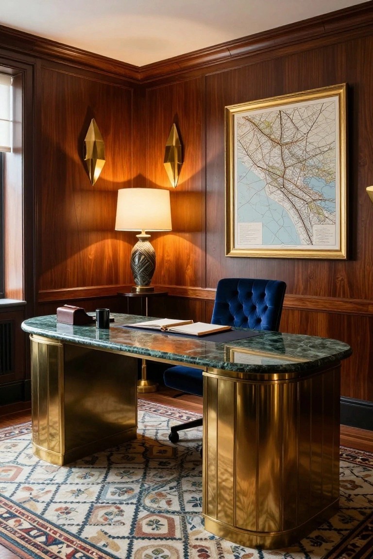 Wood-paneled office corner featuring a curved green marble-topped brass desk, blue tufted velvet chair on wheels, table lamp on a side table, wall sconces, and a large framed map.