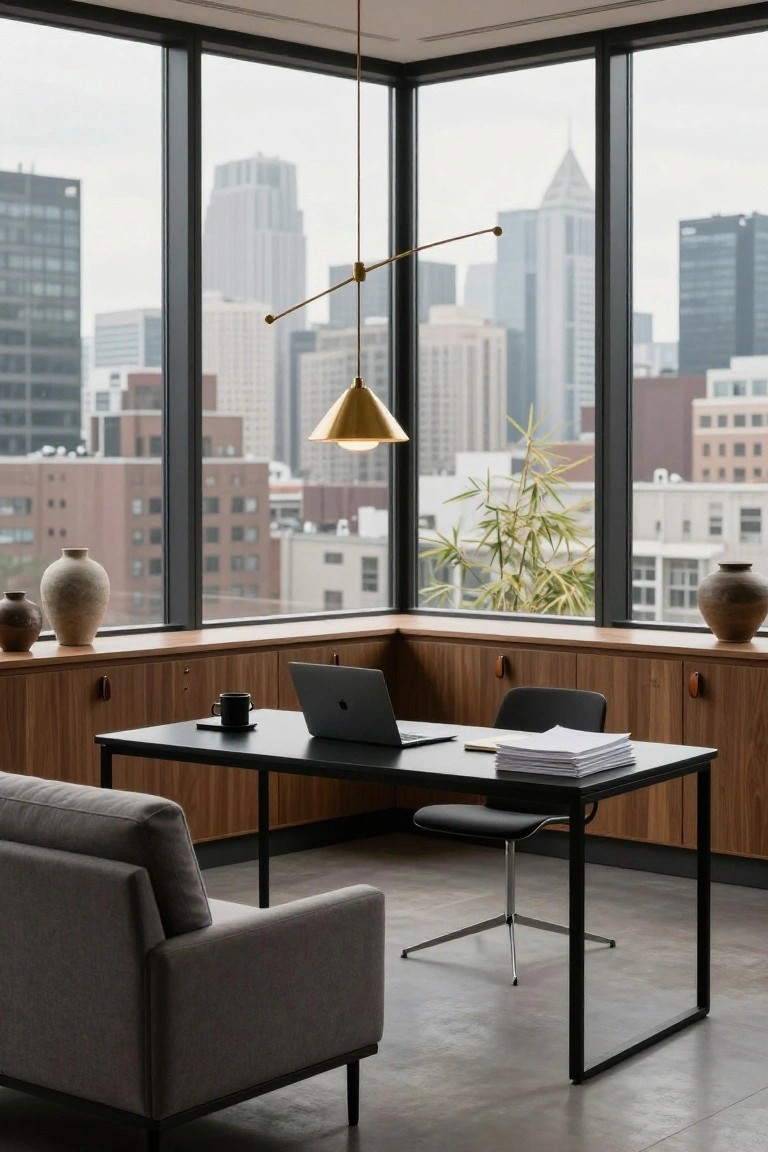 Corner home office with floor-to-ceiling windows showing city skyline, wood built-in cabinets along the base, black metal desk with MacBook and papers, gray sofa, office chair, hanging gold lamp, and potted plants.