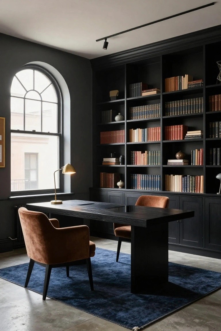 Home office with dark custom bookshelves lining the walls, black wood desk, two orange velvet armchairs, brass desk lamp, and arched window.
