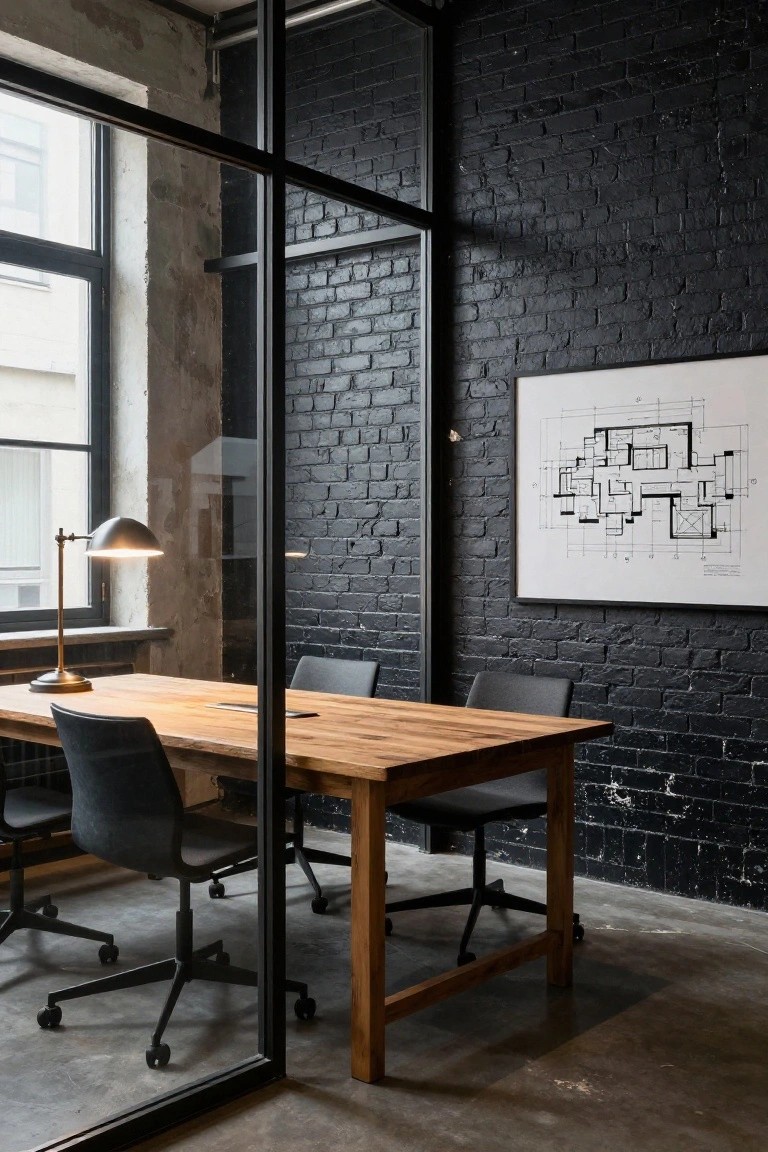 Modern office interior with dark exposed brick walls, rectangular raw wood conference table, black swivel chairs, brass desk lamp, and large framed architectural drawing, enclosed by full-height glass partitions.