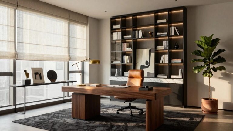 Modern home office with large walnut desk on pedestal base, glass-door bookshelves filled with books, marble countertop, abstract wall art, gold desk lamp, and potted ficus tree by the window.