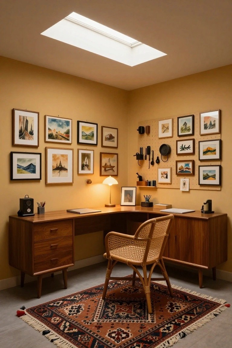 Corner home office with mustard yellow walls displaying numerous small framed watercolor landscape paintings and a pegboard section with hanging utensils, tools, and a pan, plus a wooden desk, rattan chair, lamp, and patterned rug.