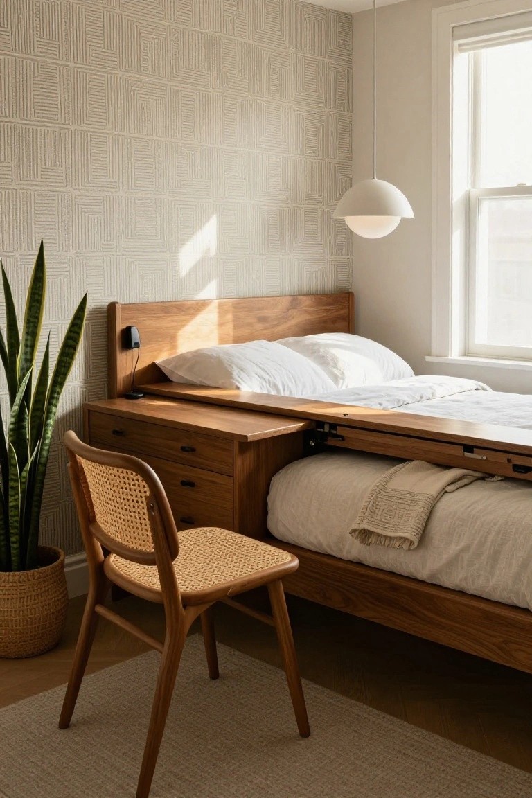 Wooden platform bed with integrated drawers, nightstand shelf, white bedding, rattan chair, potted snake plant against geometric beige wall in sunlit bedroom corner.