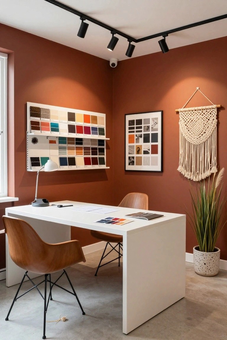 Corner office interior featuring terracotta walls, white desk with papers and color swatches, two wood chairs, fabric sample shelves, macrame hanging, potted plant, and track spotlights.