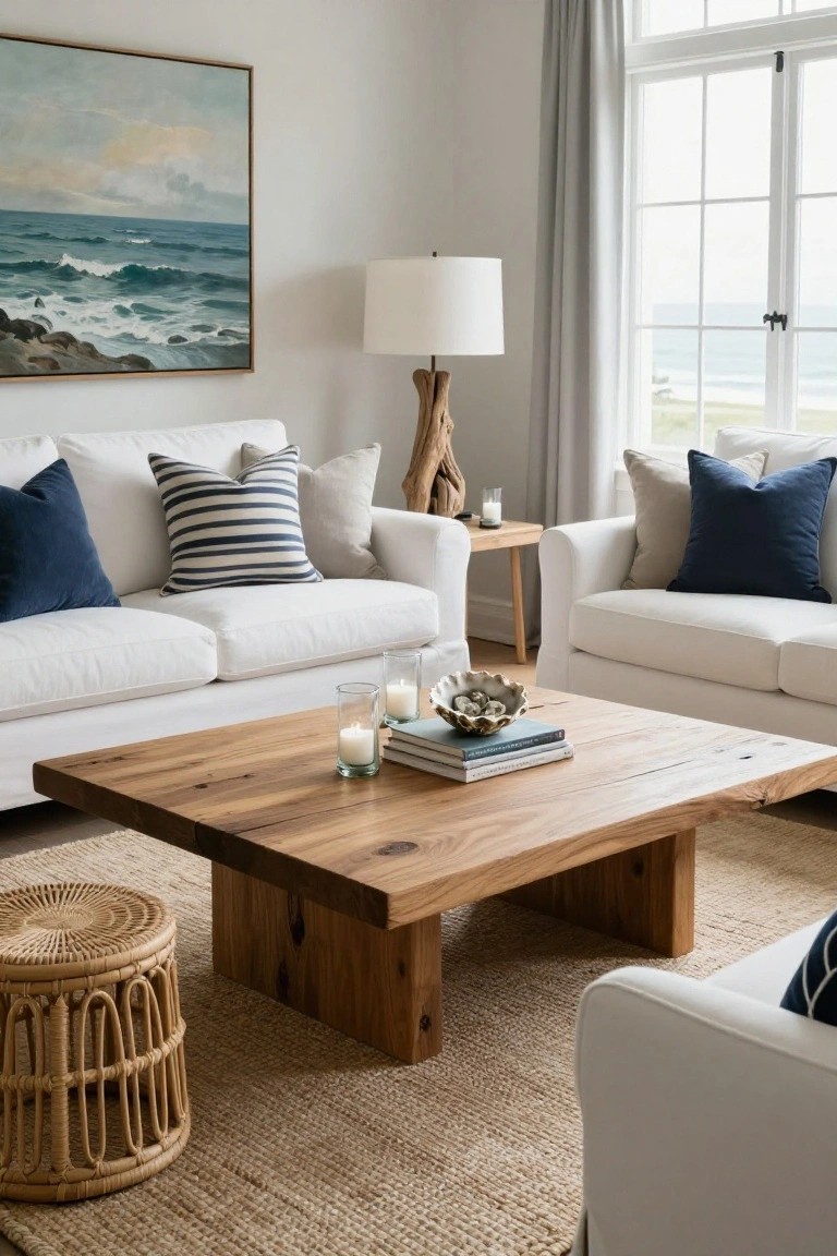 Living room with two white sofas facing a low rectangular oak coffee table topped with books, candles, and a shell bowl, driftwood lamp on side table, seagrass rug, and window with ocean view.
