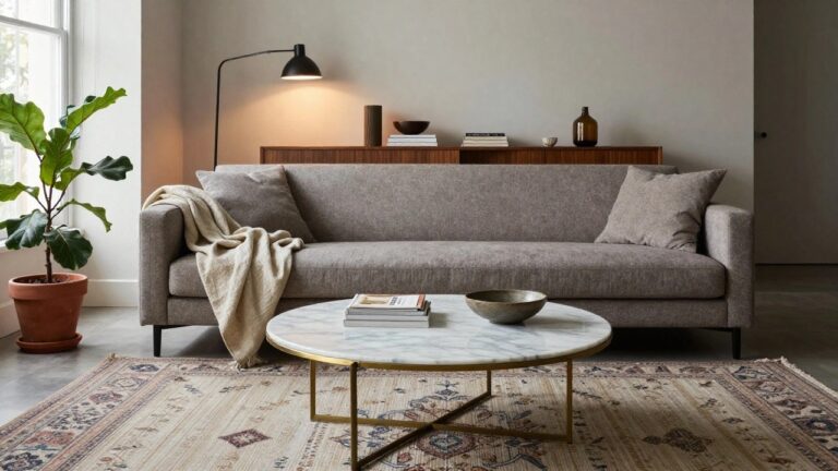 Modern living room with gray fabric sofas, round white marble coffee table with brass legs on a patterned rug, large potted fiddle leaf fig, floor lamps, side tables, and books on the coffee table.
