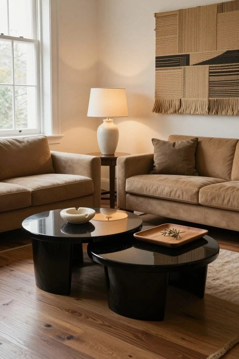 A living room with two tan fabric sofas, three nested black glossy drum coffee tables topped with a white ashtray and wooden tray, a white ceramic lamp on a side table, and a beige woven wall hanging beside a window.