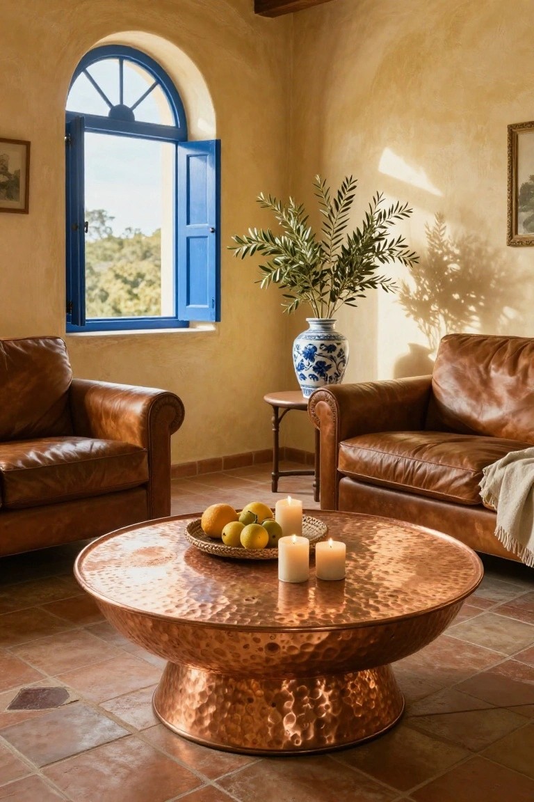 A living room corner with two tan leather armchairs flanking a large hammered copper coffee table holding a woven tray of oranges, lemons, and white candles, next to a blue and white porcelain vase of olive branches, under arched blue-shuttered windows open to trees.