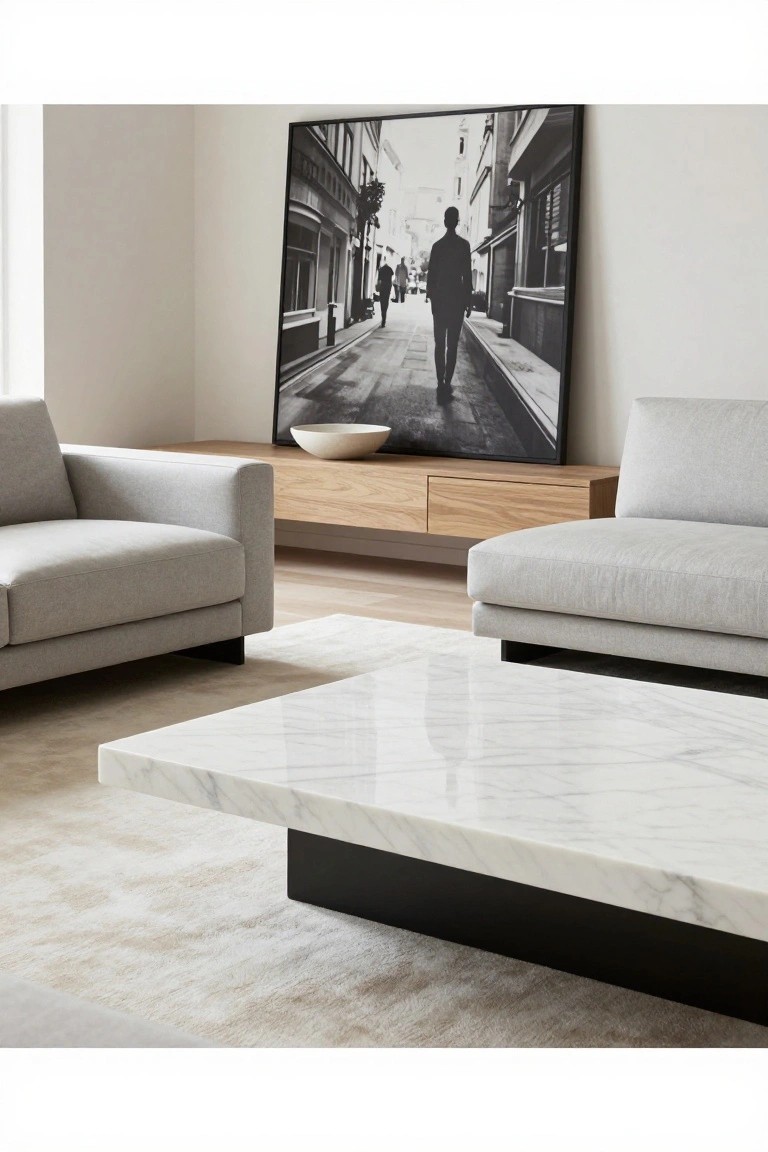 Modern living room interior with a rectangular white marble coffee table on black base, light gray sofas, wooden sideboard with white bowl, and large black-and-white street photograph on white wall.