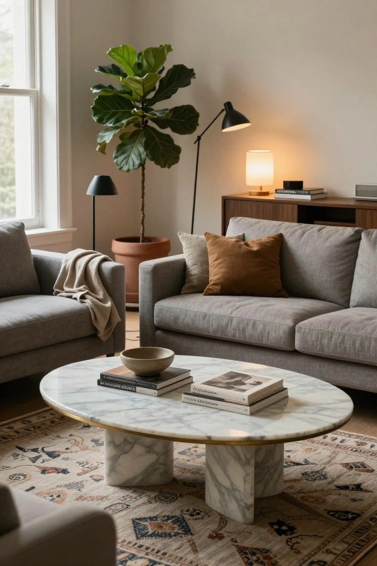 Modern living room with gray fabric sofas, round white marble coffee table with brass legs on a patterned rug, large potted fiddle leaf fig, floor lamps, side tables, and books on the coffee table.