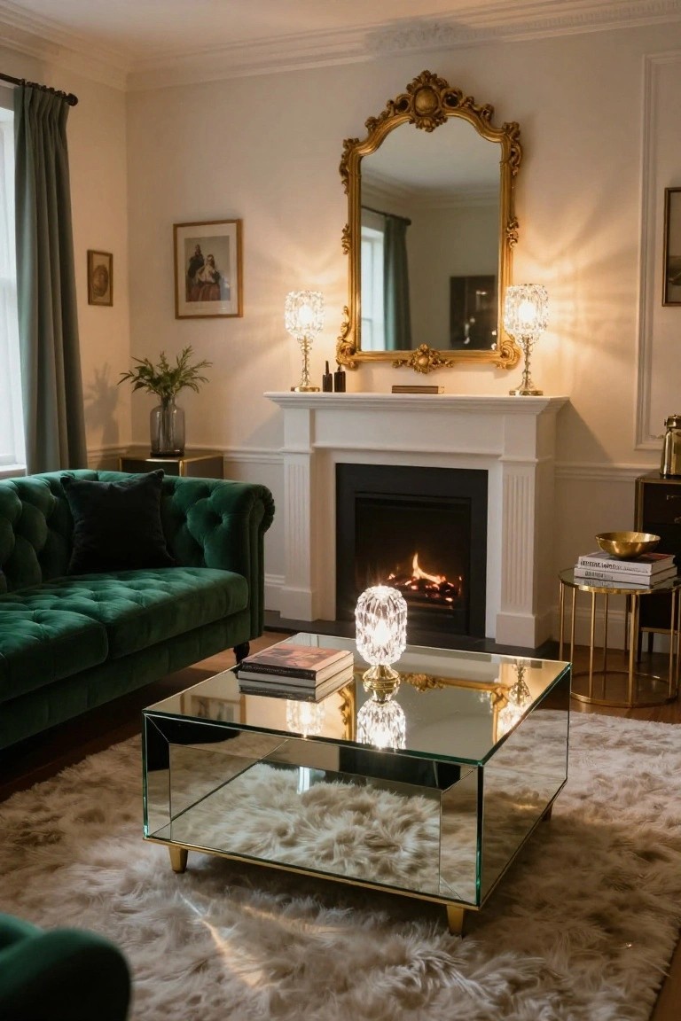 Living room with emerald green tufted sofa facing a white fireplace, rectangular clear glass coffee table with mirrored sides and gold legs centered on a cream rug, ornate gold mirror above mantel, and crystal lamps on side tables.