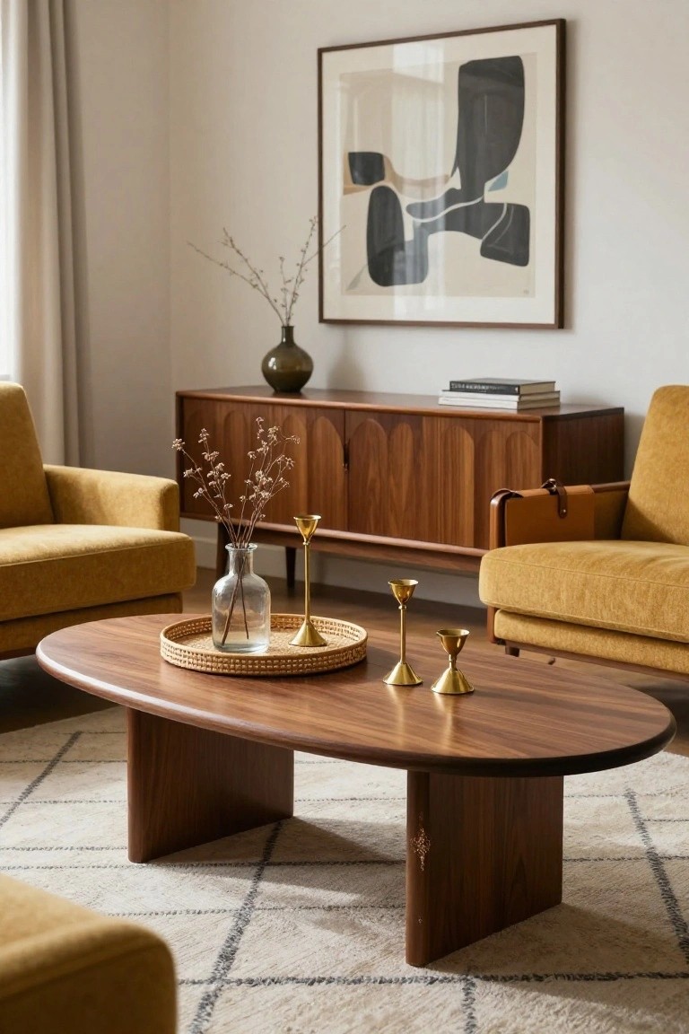 Oval dark walnut coffee table on a white rug in a living room with mustard yellow armchairs, wooden sideboard, dried branches in vases, and brass candlesticks on a rattan tray.