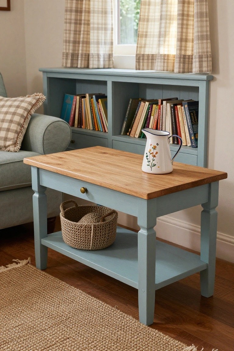 Blue-painted wooden coffee table with light oak top and brass drawer pull, topped with a white floral jug and holding a wicker basket below, positioned beside a gray armchair near a bookshelf in a living room.