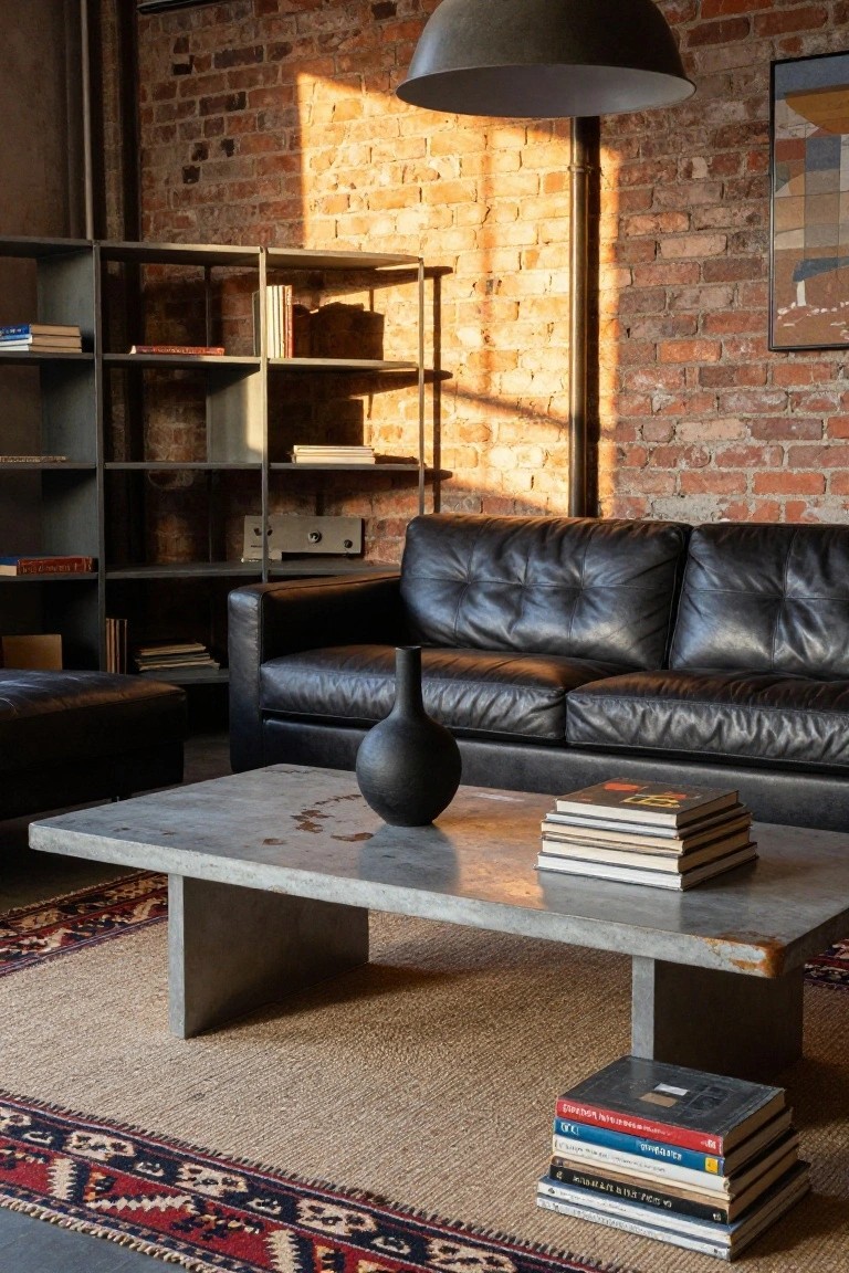 Modern living room interior with exposed brick walls, black leather sofas and ottoman, metal shelving units with books, a low rectangular concrete coffee table with a black vase and stacked books on top, and a colorful patterned rug.