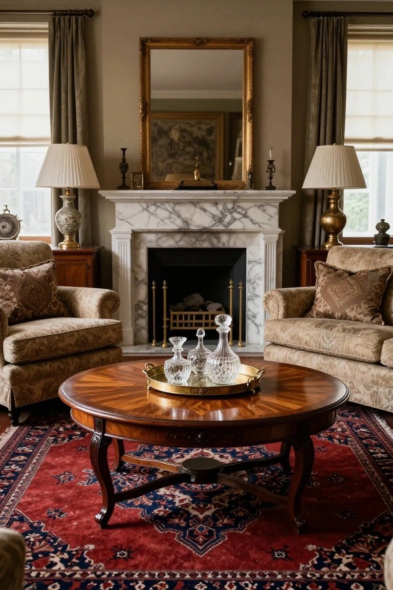 A living room with two upholstered armchairs facing a marble fireplace, centered on a round inlaid wood coffee table holding crystal decanters on a brass tray.