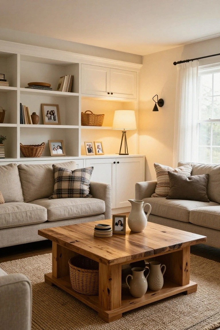 A living room with two beige linen sofas facing a large rectangular coffee table made of reclaimed wood with open lower shelves holding woven baskets and ceramic pitchers, surrounded by white built-in bookshelves with books, frames, and plants on a seagrass rug.