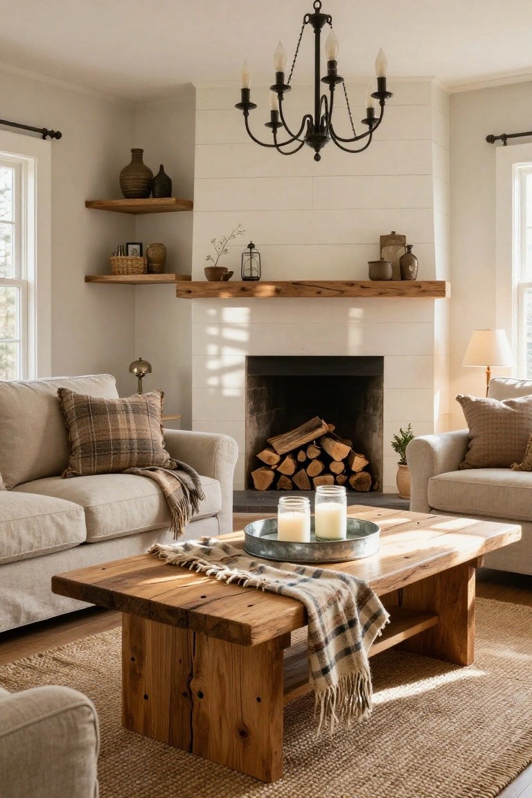 A cozy living room corner with two beige linen sofas, a rectangular reclaimed wood coffee table topped with candles in glass jars and a metal tray on a plaid blanket, a white shiplap fireplace with firewood stack, and floating wooden shelves.