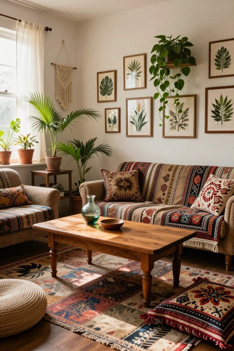 Living room with colorful patterned sofa, low wooden coffee table topped with green glass vase and wooden bowl, potted plants, hanging macrame, and botanical prints on white walls.