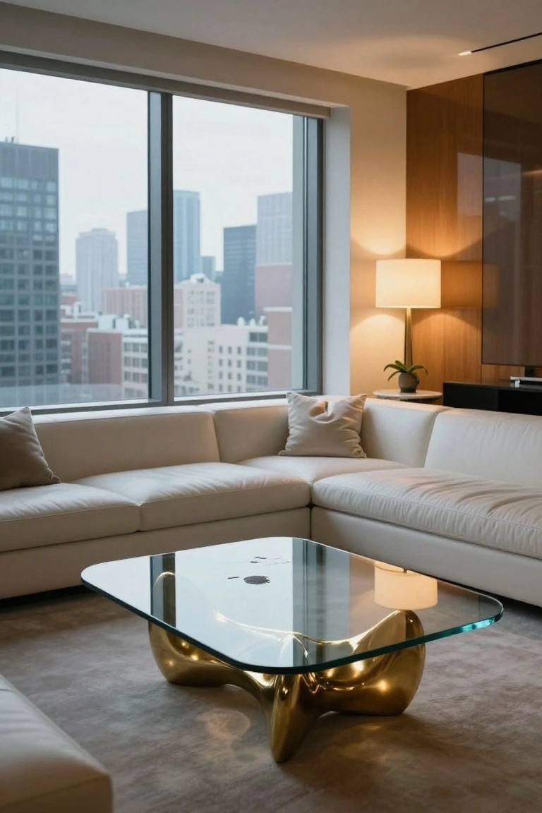 Modern living room with white L-shaped sofa, glass coffee table on sculptural brass base, floor lamp, potted plant, wood-paneled wall, and city skyline view through large windows.