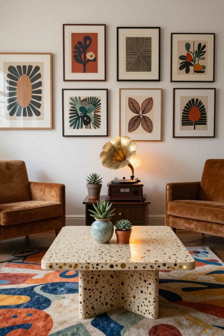 Living room with square white terrazzo coffee table flecked with gold, two brown velvet armchairs, wooden side table holding gramophone lamp and succulents, colorful abstract prints on white walls, and patterned rug underneath.