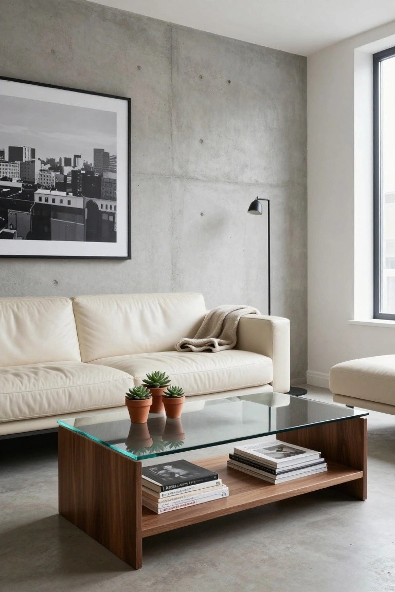 Living room featuring a beige leather sofa, walnut coffee table with glass top and open shelves holding stacked books, two potted succulents on the table, concrete accent wall with large black-and-white cityscape photo, arc floor lamp, and floor-to-ceiling window.