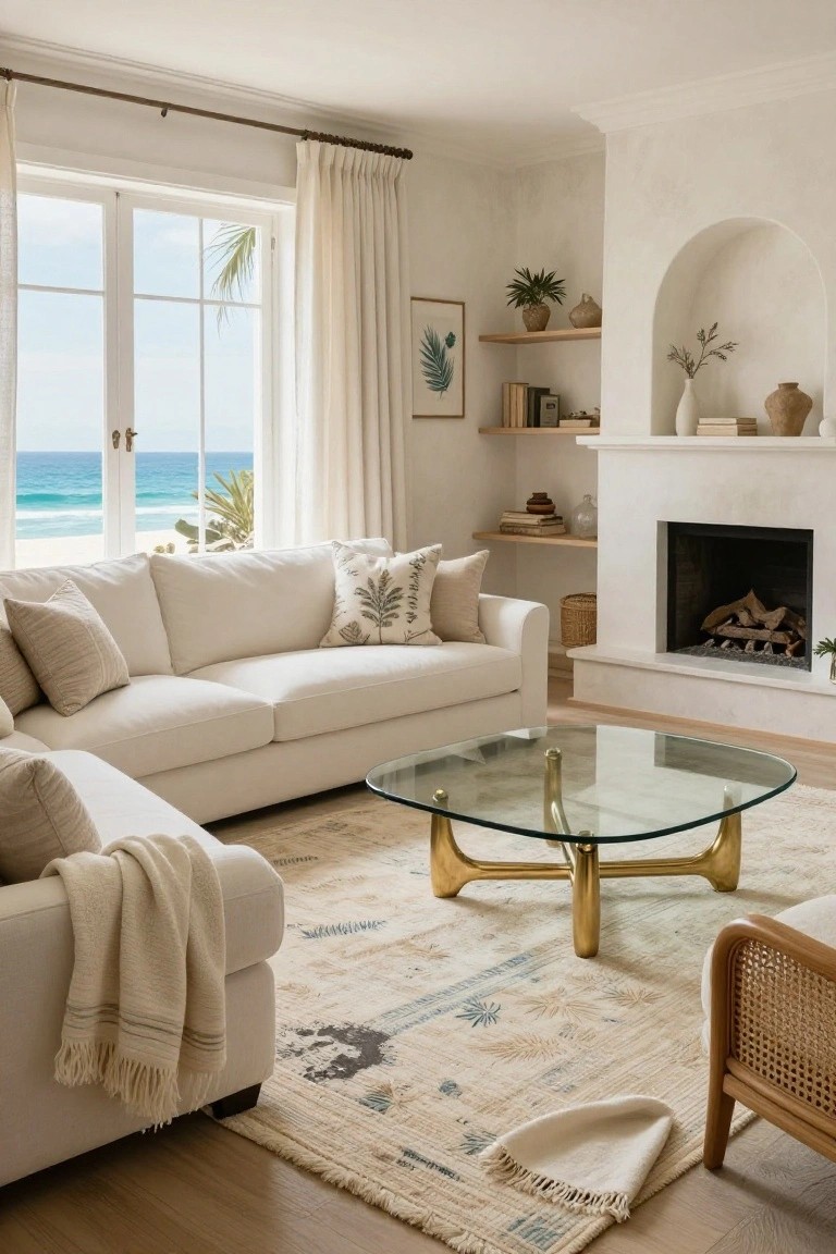 White sofa with pillows and throw on a patterned beige rug in front of a white brick fireplace with arched plaster niche shelving containing plants, books, and vases, next to large windows showing ocean and palm trees.