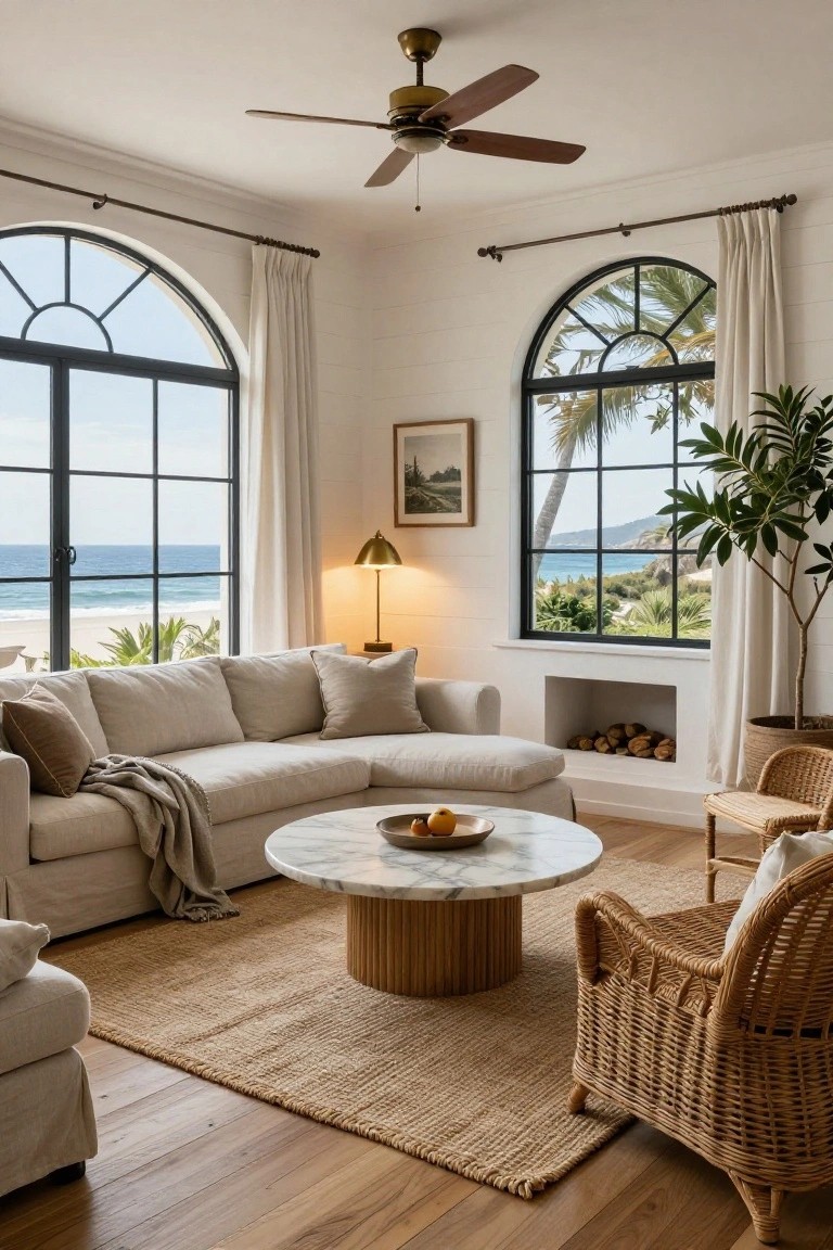 Coastal living room with beige linen sectional sofa, round marble coffee table holding a fruit bowl, rattan armchair, seagrass rug on wood floors, potted plants, small fireplace niche with logs, and large arched black-framed windows overlooking ocean, beach, palms, and hills.
