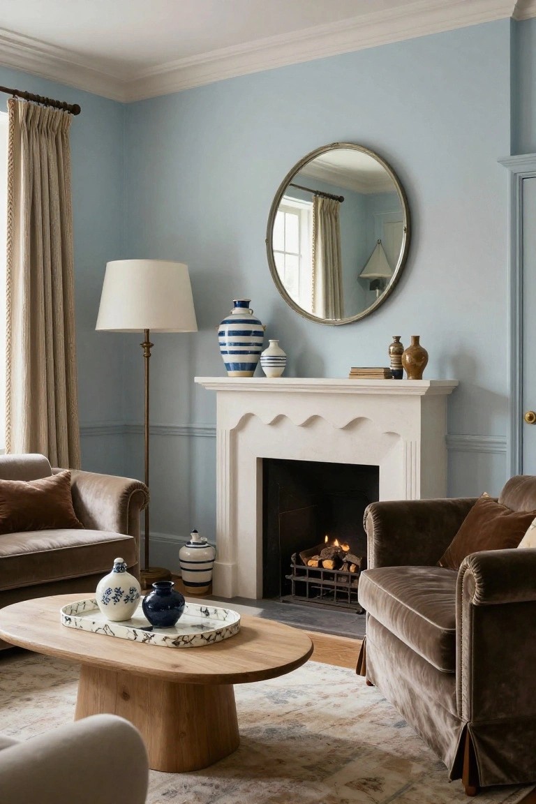 Light blue living room with white arched fireplace mantel displaying blue and white striped pottery, flanked by velvet armchairs, a round mirror, floor lamp, and oval wooden coffee table on a patterned rug.