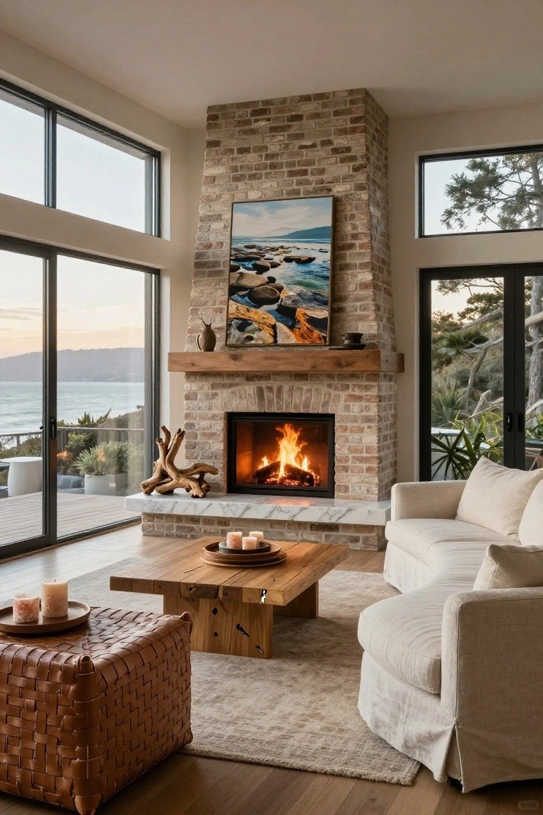 A corner brick fireplace with burning fire in a light-colored living room, featuring a wooden mantel, ocean painting above, driftwood and pottery on hearth, wooden coffee table with candles, beige sofa, and large windows showing sunset ocean view.