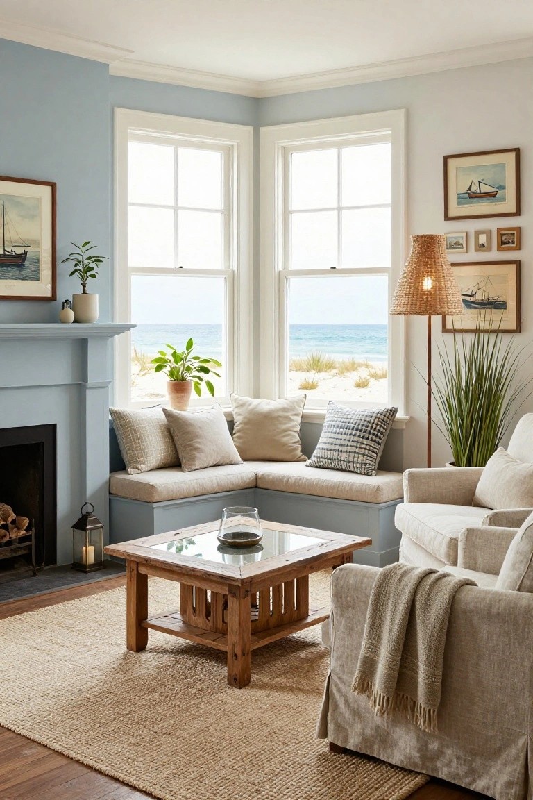Cozy beach house living room with blue walls, ocean-view windows, and wooden furniture.