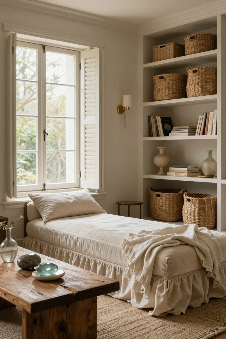 A low daybed with white linen bedding and pillows sits against a wall below a large open window with white shutters in a light beige room with built-in white shelves holding books, wicker baskets, ceramics, and plants, beside a wooden table on a seagrass rug.