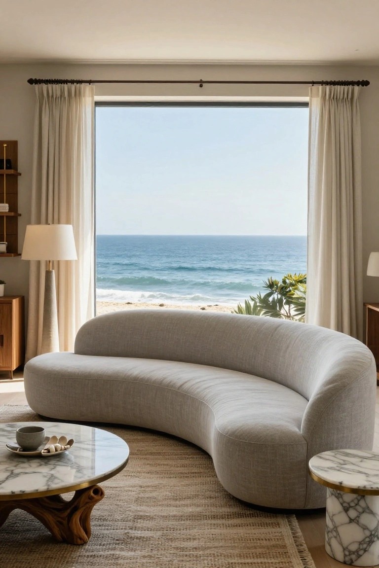 A large curved light gray sofa in a living room faces floor-to-ceiling windows overlooking the ocean and beach, with a marble-topped wood coffee table, matching side table, neutral rug, and sheer curtains.