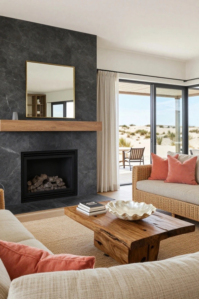 Living room with tall black marble fireplace on dark stone wall, oak wood mantel, cream woven sofa with orange pillows, wooden coffee table holding books and shell bowl, rattan chairs, and sliding glass doors to sand dunes and ocean view.