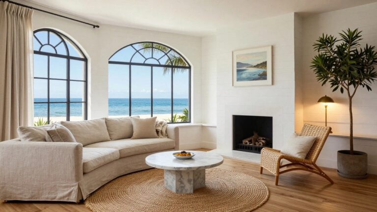 Coastal living room with beige linen sectional sofa, round marble coffee table holding a fruit bowl, rattan armchair, seagrass rug on wood floors, potted plants, small fireplace niche with logs, and large arched black-framed windows overlooking ocean, beach, palms, and hills.