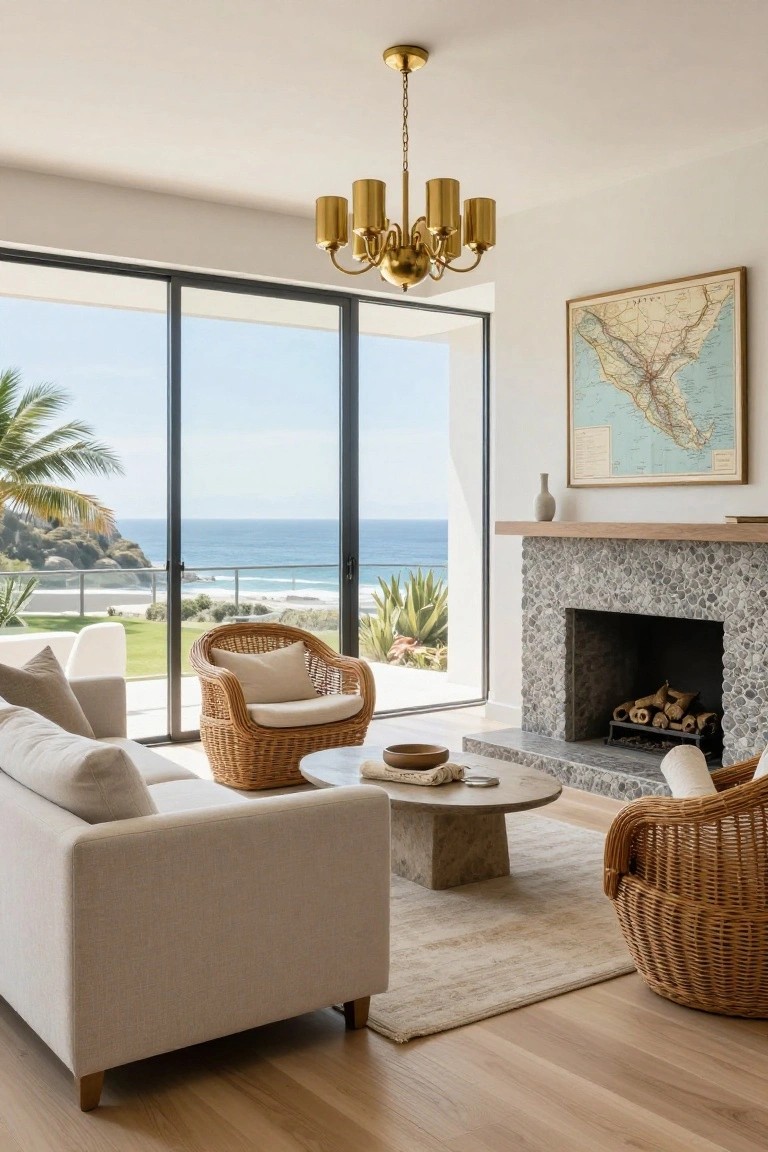Modern living room with cream sofa, rattan armchairs around a stone coffee table, pebble fireplace, gold chandelier, and large black-framed sliding glass doors showing ocean view, beach, palms, and agave plants.