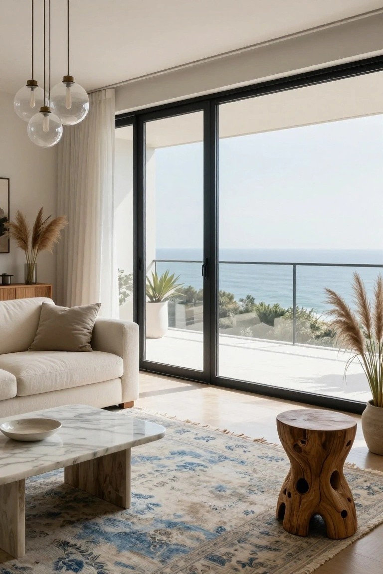 Modern living room featuring a light cream sofa, white marble coffee table, potted plants including pampas grass, and large black-framed sliding glass doors opening to a balcony overlooking the ocean.