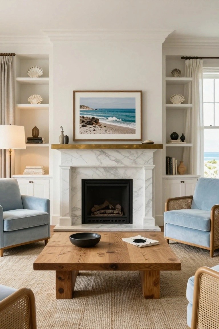 White marble fireplace with brass mantel in a living room, flanked by built-in open shelves displaying white shells, books, vases, and a large framed photo of a beach and ocean, with light blue chairs, wooden coffee table, and ocean view through windows.
