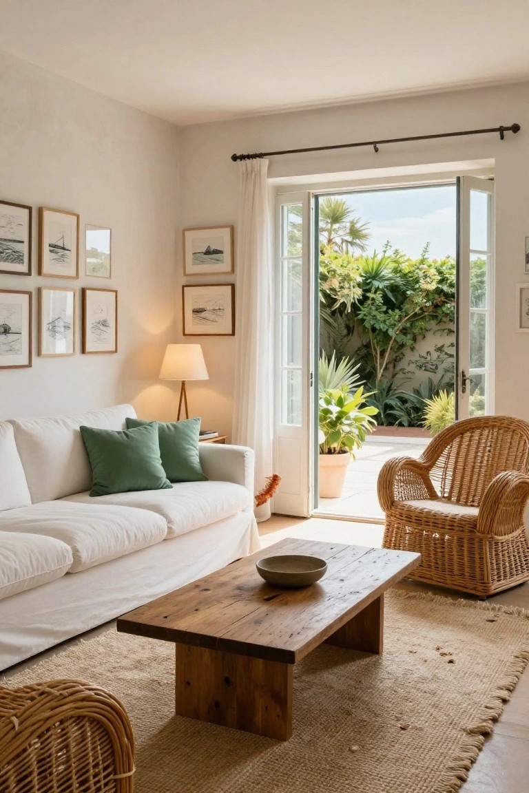 Bright living room with white slipcovered sofa, green pillows, rattan chairs, wooden coffee table, neutral rug, framed art on walls, lamp, and open French doors to lush garden with palms and vines.
