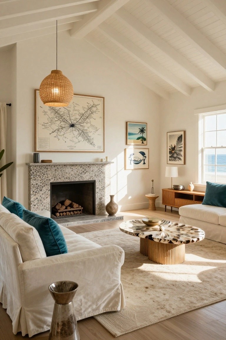 Bright living room with white sofa, pebble fireplace, woven pendant, and ocean-view window.