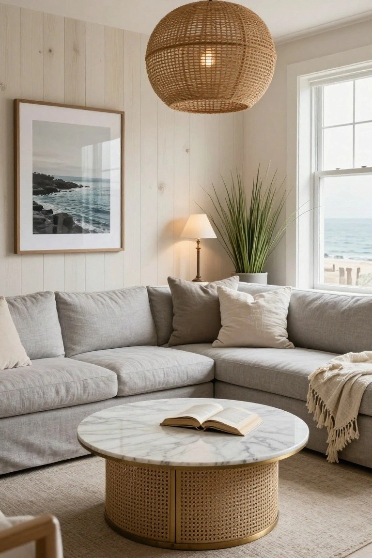 Cozy coastal living room featuring a light gray L-shaped linen sofa, round white marble coffee table with rattan and brass base, matching woven pendant light, table lamp, potted grass plant, framed ocean photo, shiplap walls, and window overlooking the sea.